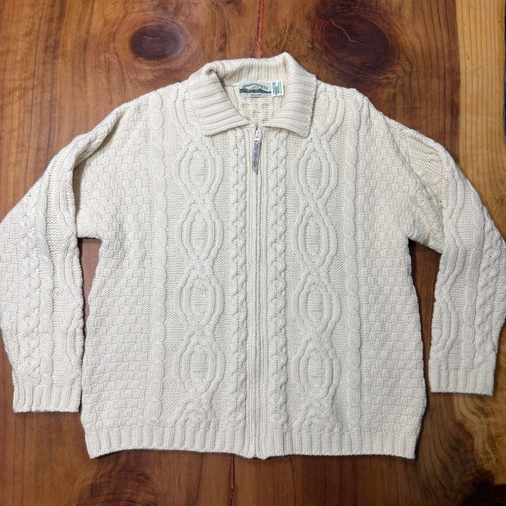 Arancrafts Women's Sweater XXL Merino Wool Cardigan Zip Cable knit Ivory A15